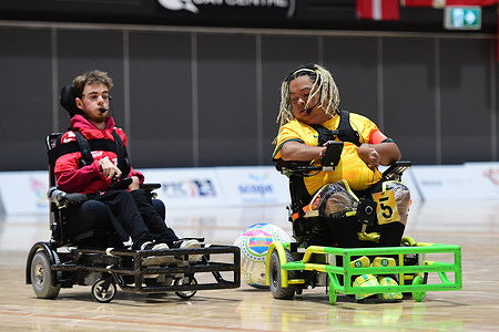 Thorbjoern Krarup (L) of the Denmark Powerchair football team and Dimitri Liolio-Davis (R) of the Australia Powerchair football team are seen in action during the FIPFA Powerchair Football World Cup 2023 match between Australia and Denmark held at the Quaycentre in Sydney Olympic Park.
Final score; Australia 3:3 Denmark.