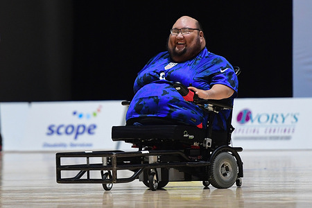 Peter Winslow of the United States of America powerchair football team is seen in action during the FIPFA Powerchair Football World Cup 2023 match between USA and England held at the Quaycentre in Sydney Olympic Park, NSW Australia. Final score USA 3:1 England..