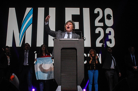 Javier Gerardo Milei makes a speech during his closing rally. Javier Gerardo Milei holds his closing rally in front of thousands of supporters in the city of Buenos Aires, Argentina, at the Movistar arena in Villa Crespo. General elections in Argentina are scheduled to be held on October 22.