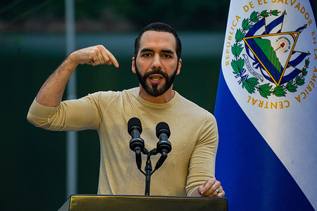 El Salvador's President Nayib Bukele gestures during the inauguration of the February 3 Hydroelectric Power Plant in San Luis de la Reina.