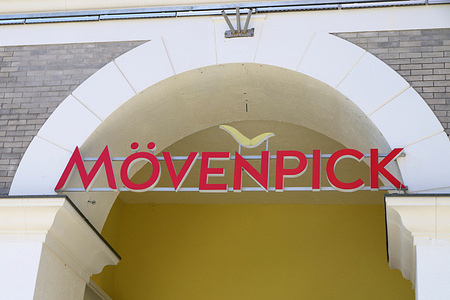 The sign of Hotel Movenpick seen at the entrance of the building in Krasnaya Polyana.