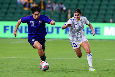 Lee Hsiu-Chin (L) of the Chinese Taipei women's football team and Angela Rachael Beard (R) of the Philippines women's football team are seen in action during the 2024 AFC Women's soccer Olympic Qualifying Round 2 Group A match between Philippines and Chinese Taipei held at the Perth Rectangular Stadium. Final score Philippines 4:1 Chinese Taipei.