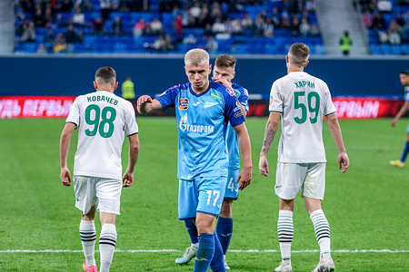 Evgeniy Kharin (59), Svetoslav Kovachev (98) of Akhmat and Andrey Mostovoy (17) of Zenit seen in action during the Russian Premier League football match between Zenit Saint Petersburg and Akhmat Grozny at Gazprom Arena. Final score; Zenit 2:1 Akhmat Grozny.