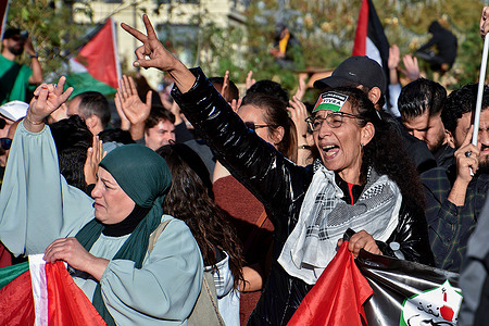 A protester chants slogans during the demonstration in solidarity with Palestine. More than 2,000 people marched on the streets of Marseille in support of the Palestinian people and to stop the bombings in Gaza.