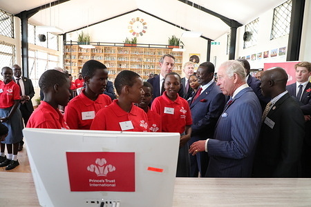 Britain's King Charles III interacts with beneficiaries of Prince's Trust International at the Eastlands Library in Nairobi. King Charles III and Queen Camilla are in Kenya for a four day state visit under the invitation of Kenya's president William Ruto.