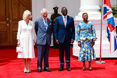 (L-R) Queen Camilla, King Charles III, Kenya's president William Ruto and first lady Rachel Ruto pose for a group photo during a welcome ceremony at State House in Nairobi. King Charles III and Queen Camilla are in Kenya for a four day state visit under the invitation of president William Ruto.