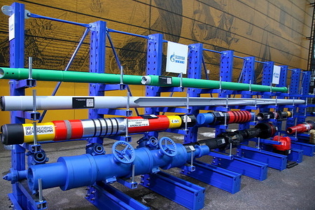 View of the Gazprom Neft pipeline samples at the 12th St. Petersburg International Gas Forum (PMGF 2023) in St. Petersburg.