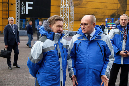 Alexey Miller (L), Chairman of the Management Board and Deputy Chairman of the Board of Directors of PJSC Gazprom and Vitaly Markelov (R), deputy chairman of the Management Board and member of the Board of Directors of PJSC Gazprom, during a tour of the exposition at the 12th St. Petersburg International Gas Forum (PMGF 2023) , which takes place in St. Petersburg, Expoforum.