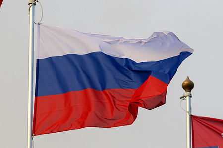 The national flag of the Russian Federation as a participating country at the 12th St. Petersburg International Gas Forum (SPIGF 2023).