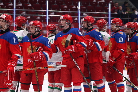 Russia U18 Hockey Club player, Alexander Shen (18) seen in action during the Hockey, The Betting League is the Cup of the Future between Russia U18 and Belarus U20 at the SC Jubilee. 
(Final score; Russia U18 2:5 Belarus U20)