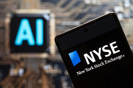 In this photo illustration, the American Stock Exchange index, NYSE logo seen displayed on a smartphone with Artificial intelligence (AI) chip and symbol in the background.