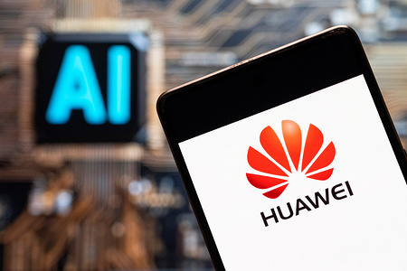 In this photo illustration, the Chinese multinational telecommunications equipment, and consumer electronics company, Huawei logo seen displayed on a smartphone with an Artificial intelligence (AI) chip and symbol in the background.