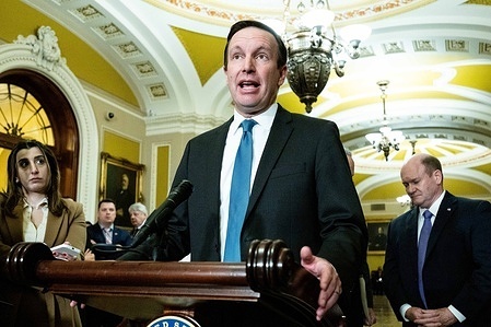 U.S. Senator Chris Murphy (D-CT) speaks at a press conference of Senate caucus leadership at the U.S. Capitol.