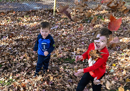 Two-year-old Greyson Paul and four-year-old Easton Paul play in a pile of leaves.