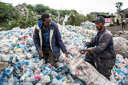 Amos Mwangi (L) and Paul Wanja members of Nakuru County Waste Pickers Association are seen working at Gioto dumping site. The Intergovernmental Negotiating Committee (INC3) is meeting next week in Nairobi, Kenya, for the third round of discussions to formulate details of a legally binding international plastics treaty aimed at combatting plastic pollution. BreakFreeFromPlastic (BFFP), an environmental organization, is at the forefront of advocacy, pushing for a just transition to secure and sustainable livelihoods for workers and communities involved in the plastics supply chain, including those in the informal waste sector.