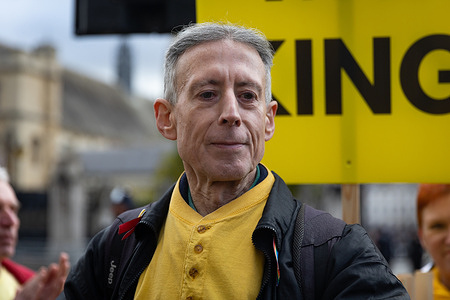 Peter Tatchell demonstrates with anti-monarchy protestors on Whitehall after the State Opening of Parliament in London. King Charles III and anti monarchy protestors attend the State Opening of Parliament as King Charles III reads out the first King’s Speech in over 70 years.