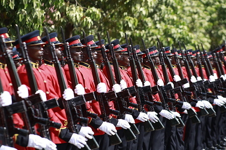 Members of the Kenya Defence Forces (KDF) stand on guard outside Parliament Buildings moments after the arrival of president William Ruto for the state of the nation address.