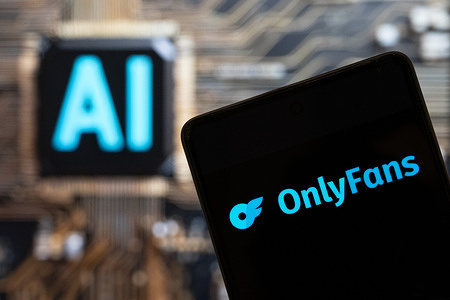 In this photo illustration, the British subscription-based video on demand service and social media network, OnlyFans, logo seen displayed on a smartphone with an Artificial intelligence (AI) chip and symbol in the background.