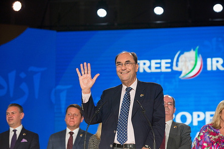 Alejo Vidal-Quadras is seen speaking in Ashraf 3 (the headquarters of the People's Mojahedin Organization of Iran in Albania).