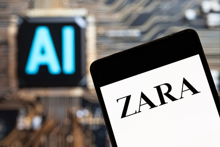 In this photo illustration, the Spanish multinational clothing design retail company by Inditex, Zara, logo seen displayed on a smartphone with an Artificial intelligence (AI) chip and symbol in the background.