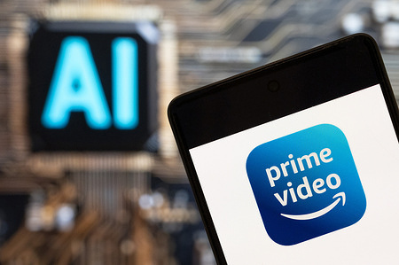 In this photo illustration, the Prime Video logo seen displayed on a smartphone with an Artificial intelligence (AI) chip and symbol in the background.