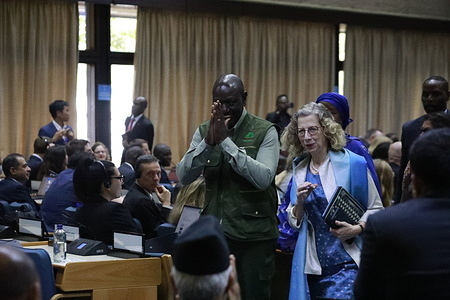 President William Ruto and Inger Andersen, Under-Secretary-General of the United Nations and Executive Director of the United Nations Environment Programme exit the auditorium after the opening of the third session of the Intergovernmental Negotiating Committee (INC-3) to develop an international legally binding instrument on plastic pollution, including in the marine environment at the UNEP headquarters in Nairobi.