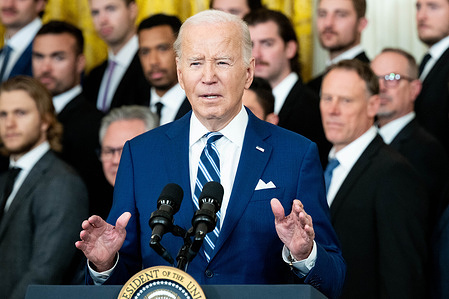 President Joe Biden speaking at an event to honor the Las Vegas Golden Knights at the White House.