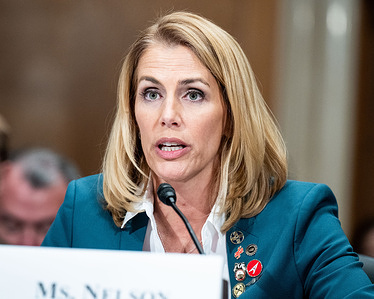 Sara Nelson, International President, Association of Flight Attendants-Communication Workers of America, speaking at a Senate Health, Education, Labor, and Pensions committee hearing at the U.S. Capitol.
