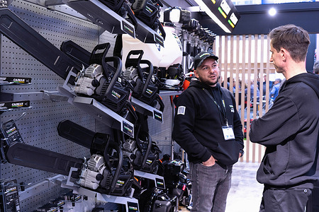 A range of chainsaws produced by Caiman seen at Mitex 2023. Moscow International Tools Exhibition (MITEX) is one of the biggest tools exhibitions in Russia with hundreds of participants every year.