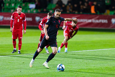 Sokol Cikalleshi of Albania seen in action during the UEFA Euro 2024 qualifying round Group E match between Moldova and Albania at Zimbru Stadium. Final score; Moldova 1:1 Albania.