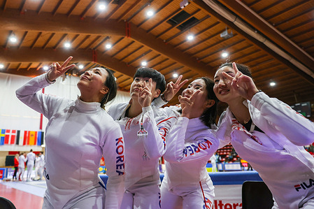 Korea team celebrates during the World Cup Women´s Epee Team Legnano ITA 2023 Trofeo Carroccio at Palaborsani.