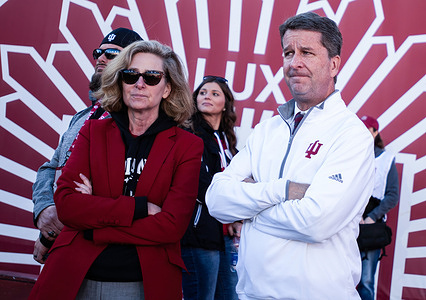 Indiana University president Pamela Whitten, left, and Athletics Director Scott Dolson react after IU’s loss to Michigan State during an NCAA college football game in Bloomington. Indiana University lost to Michigan State 24-21.