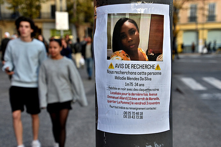 A missing notice poster for Mélodie Mendes da Silva is seen on a public lighting pole on Place de la Joliette in Marseille. The investigation for disappearance of Mélodie Mendes da Silva, she disappeared at the beginning of November 2023, she's 34-year-old beautician, married and mother of two children, left her home located in the center of Marseille on November 3, at the end of the afternoon, and she disappeared ever since.