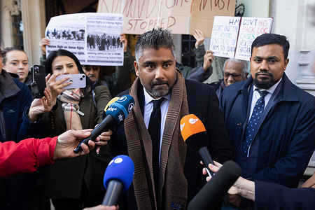 Toufique Hossain, director of Duncan Lewis Solicitors, representing asylum seekers speaks to the media outside the Supreme Court in London. The Rwanda asylum policy, initially proposed by the British government in April 2022, aimed to relocate illegal immigrants or asylum seekers to Rwanda for processing, asylum, and resettlement. Successful asylum claimants were expected to stay in Rwanda and were not allowed to return to the United Kingdom. The first flight under this plan was approved by the High Court and set for June 14, 2022. However, a last-minute measure from the European Court of Human Rights halted the plan. On June 29, 2023, the Court of Appeal declared the plan unlawful. Then, on November 15, 2023, an appeal to the Supreme Court of the United Kingdom affirmed the lower court's decision effectively nullifying the plan.