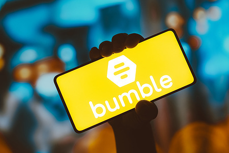 In this photo illustration, the Bumble logo is displayed on a smartphone screen.