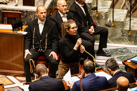 Aurore Berge, French Minister of Solidarity and Families, speaks at the National Assembly during the session of questions to the government. A weekly session of questions to the French government in the National Assembly at Palais Bourbon, in Paris.