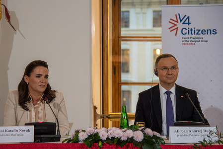 Hungarian president Katalin Novak (L) and Polish president Andrzej Duda (R) seen during a joint press conference after the summit of presidents of the Visegrad Group (V4) at Prague castle. Presidents of the Czech Republic, Slovakia, Poland and Hungary met at the summit of the Visegrad Group (V4) hosted by the current Czech presidency of the group. The main topics discussed during the summit were common infrastructure projects and ways to strengthen relations between member countries. Visegrad group (V4) was established in 1991 and consists of 4 countries from Central Europe: Czech republic, Slovakia, Hungary and Poland.