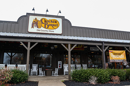 An exterior view of a Cracker Barrel Old Country Store. Cracker Barrel Old Country announced that it is open on Thanksgiving and is offering a Thanksgiving Heat n' Serve Turkey Family Dinner, which serves four to six people for $104.99.
