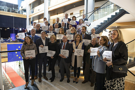 Members of the European Parliament hold sympathetic message signs for the quick recovery of Prof. Vidal Quadras, Former EP vice president in a hospital in Spain following the November 9 assassination attempt on his life. A wide spectrum of Members of European Parliament (MEPs), addressed a conference in Strasbourg on Wednesday, calling on European Union leaders to counter the Iranian regime's impunity and terrorism by blacklisting the Revolutionary Guards as a terrorist organization and shutting down embassies of Iran's regime.