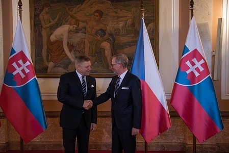 Slovak prime minister Robert Fico (L) and Czech prime minister Petr Fiala (R) shake hands prior their meeting in Prague. Prime minister of Slovakia Robert Fico visits the Czech Republic on his first official foreign journey where he meets with his Czech counterpart Petr Fiala. Robert Fico became Slovak prime minister for the fourth time, after his political party Smer - Social Democracy party won parliament election held in September.