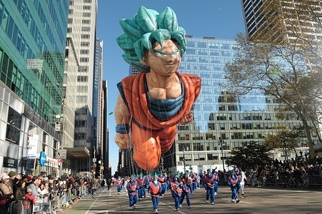 A balloon of "Goku" floats past 42nd Street during the 97th Macy's Thanksgiving Day Parade in the Manhattan borough of New York City.