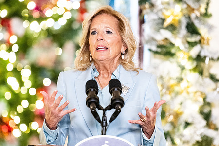 First Lady Jill Biden speaks about the 2023 White House holiday theme and decor in the Grand Foyer of the White House.
