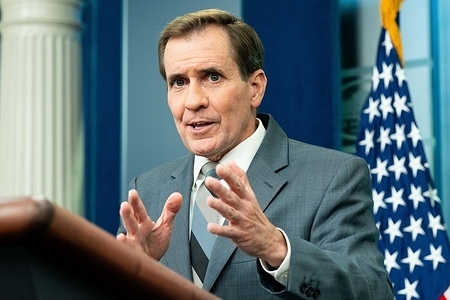 John Kirby, Coordinator for Strategic Communications at the National Security Council, speaks at a press briefing in the White House Press Briefing Room.