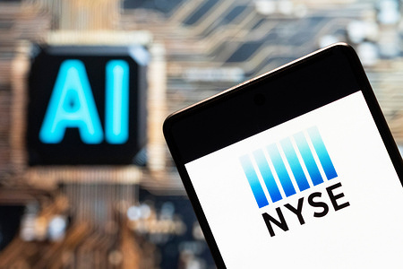 In this photo illustration, the American Stock Exchange index, NYSE logo seen displayed on a smartphone with an Artificial intelligence (AI) chip and symbol in the background.