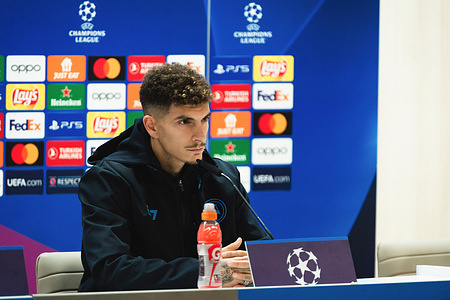 Giovanni Di Lorenzo, captain of Napoli, seen speaking during a press conference of the Champions League football match between Real Madrid and Napoli at Bernabeu Stadium.