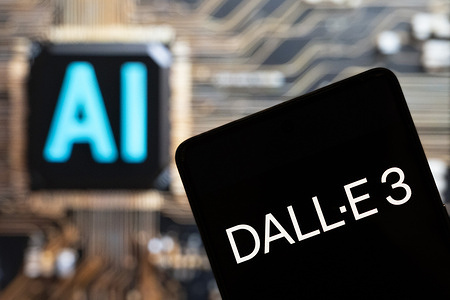In this photo illustration, the text-to-image models developed by OpenAI, DALL-E 3, logo seen displayed on a smartphone with an Artificial intelligence (AI) chip and symbol in the background.