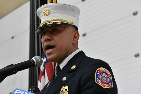 Chief Alejandro Alicea delivers remarks after swearing-in as the first Hispanic Fire Chief in Paterson's history at Paterson Fire Department Headquarters in Paterson. Chief Alejandro Alicea, a proud Puerto Rican embodies a deep connection to the city, having been born and raised in Paterson and who has over 20 years of service in the Paterson Fire Department.