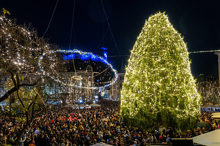 People gather at Preseren Square in Ljubljana for the traditional lighting of the Christmas tree on the first day of December. This marks the start of the traditional festive season in Ljubljana until the New Year. This year, the Christmas tree is named after Tina Gaber, the partner of the Slovenian Prime Minister Dr. Robert Golob.