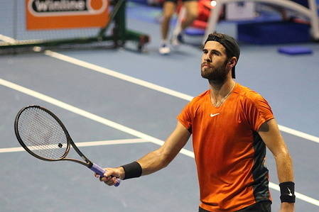 Karen Khachanov of Russia plays against Dusan Lajovic ( not pictured) of Serbia during the exhibition tennis match of the North Palmyra Trophies - International Team Exhibition Tennis Tournament at KSK Arena. 
Final score; Karen Khachanov 2:1 Dusan Lajovic.