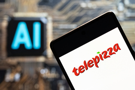 In this photo illustration, the Spanish pizza restaurant franchise Telepizza logo seen displayed on a smartphone with an Artificial intelligence (AI) chip and symbol in the background.